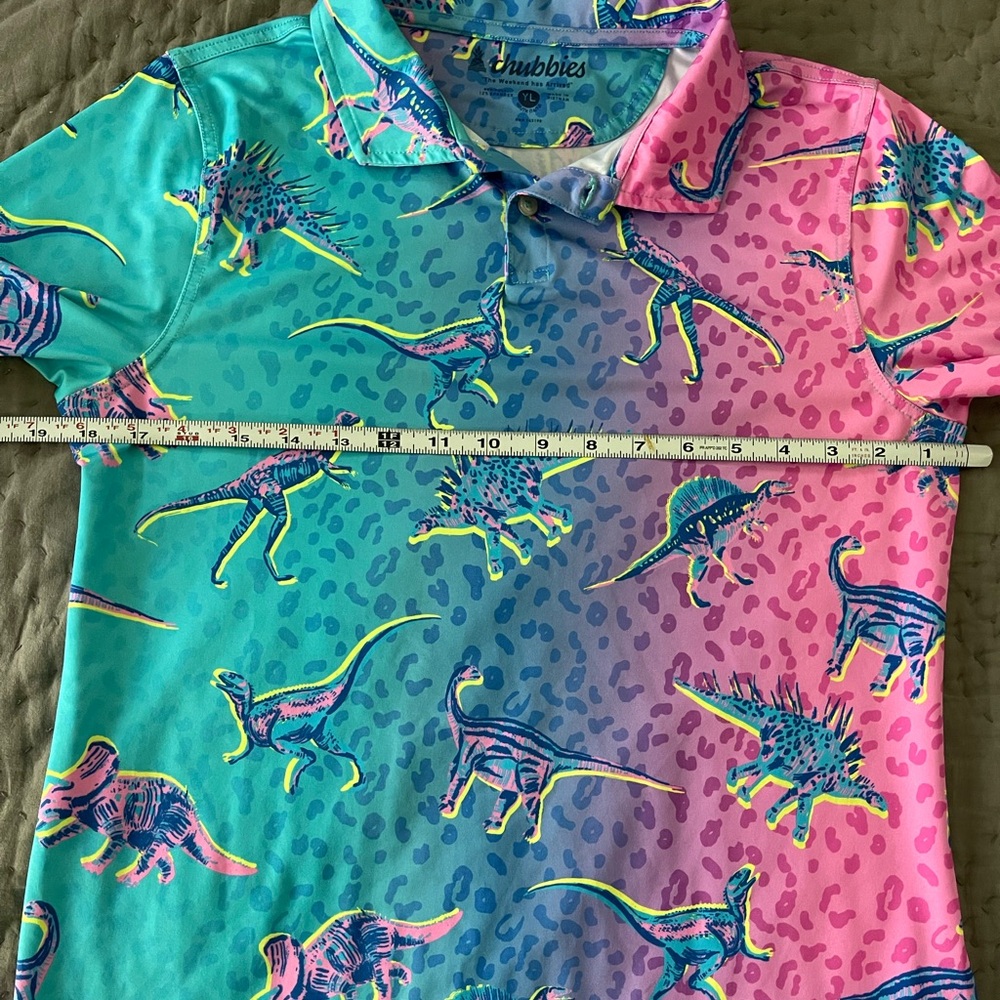 Chubbies Dinosaur Youth Boys Polo The Dino Delight Neon Blue Purple Size 14/16 L - Picture 3 of 6